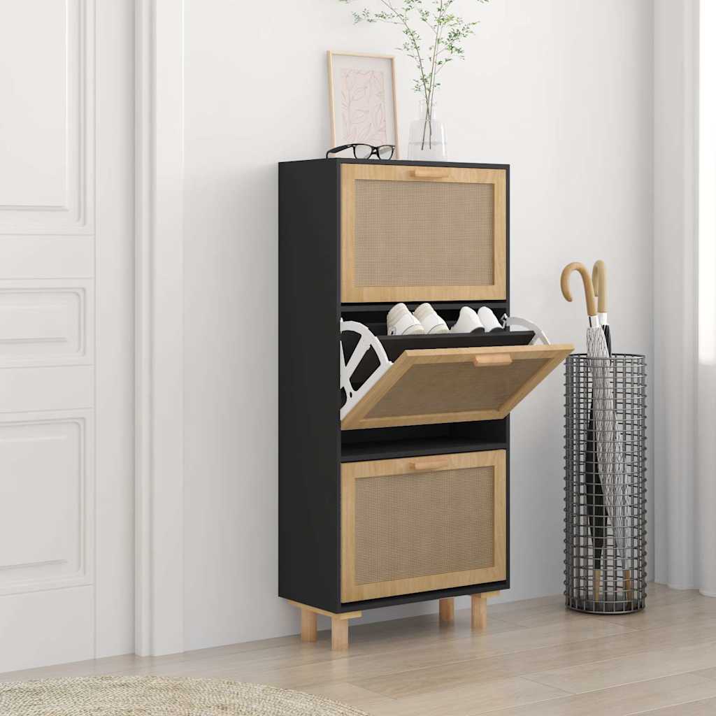 Scarpiera Nero 52x25x115cm Legno Multistrato e Rattan Naturale - homemem39
