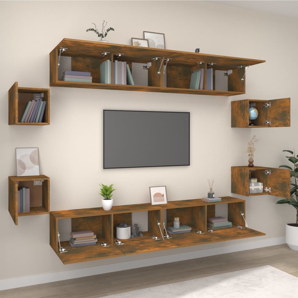 Set Mobili Porta TV 8pz Rovere Fumo in Legno Multistrato
