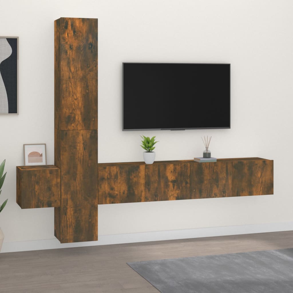 Set di Mobili Porta TV 5 pz Rovere Fumo in Legno Multistrato - homemem39
