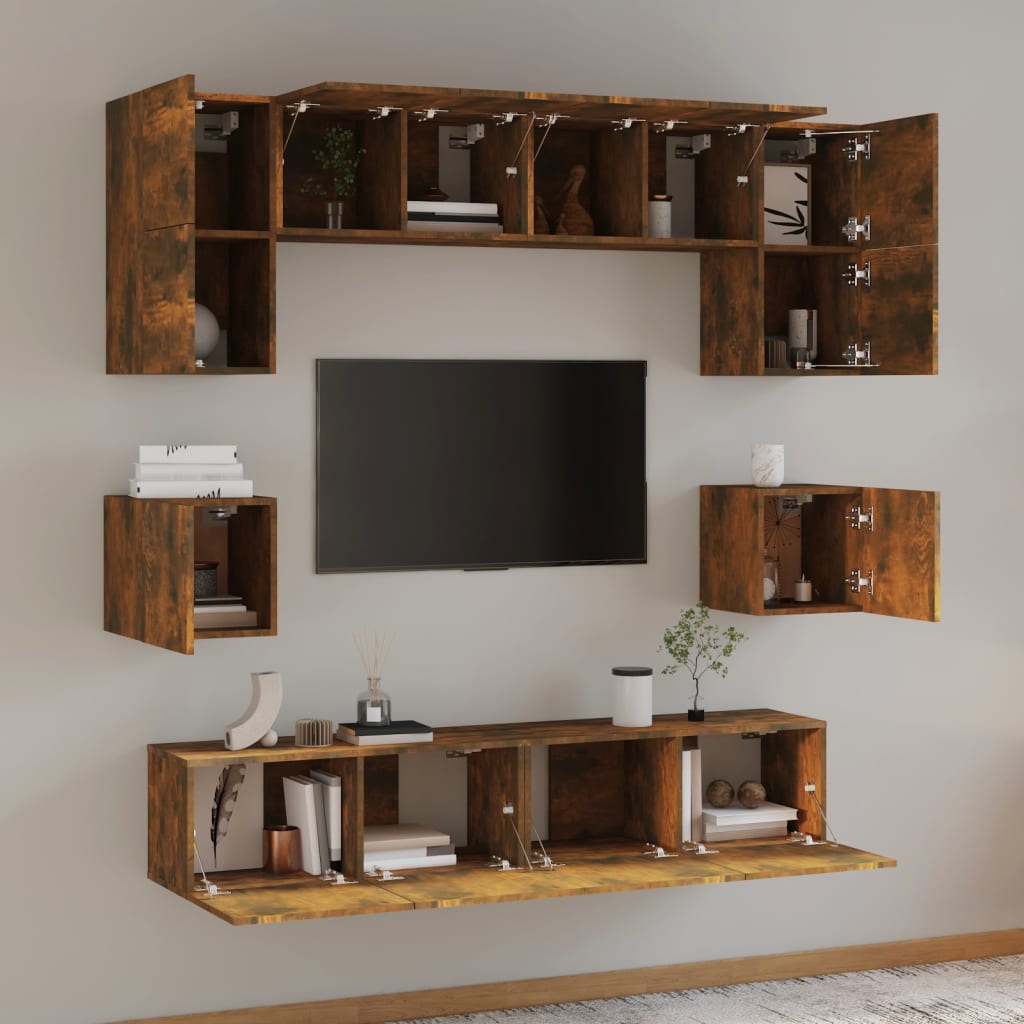 Set Mobili Porta TV 8pz Rovere Fumo in Legno Multistrato | homemem39