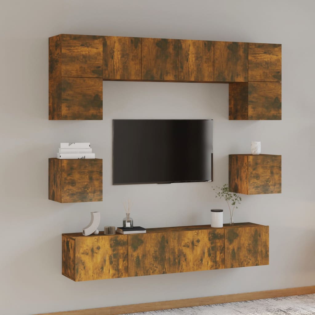 Set Mobili Porta TV 8pz Rovere Fumo in Legno Multistrato | homemem39