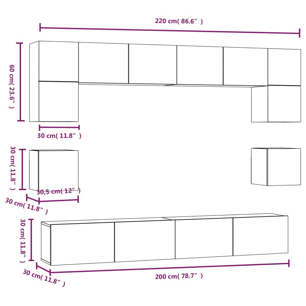 Set Mobili Porta TV 8pz Nero in Legno Multistrato