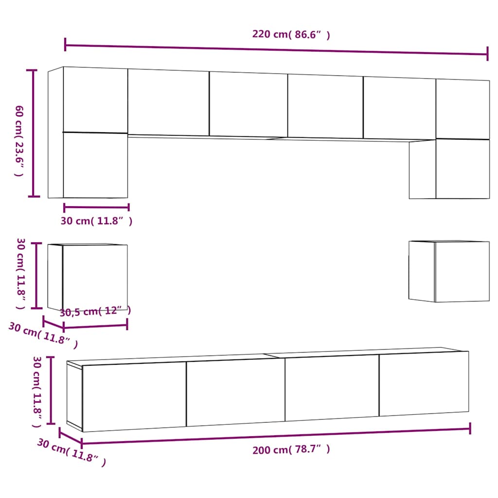 Set Mobili Porta TV 8pz Rovere Fumo in Legno Multistrato