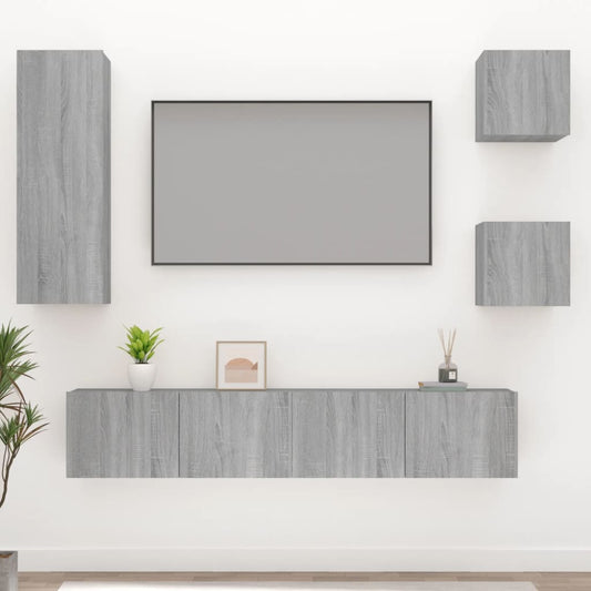 Set di Mobili Porta TV 5 pz Grigio Sonoma in Legno Multistrato