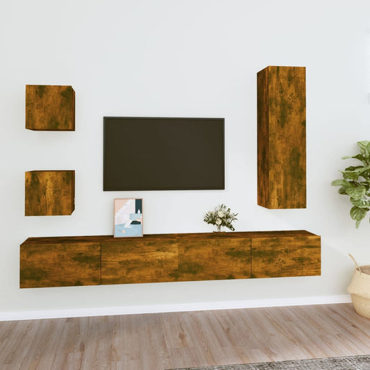 Set di Mobili Porta TV 5 pz Rovere Fumo in Legno Multistrato