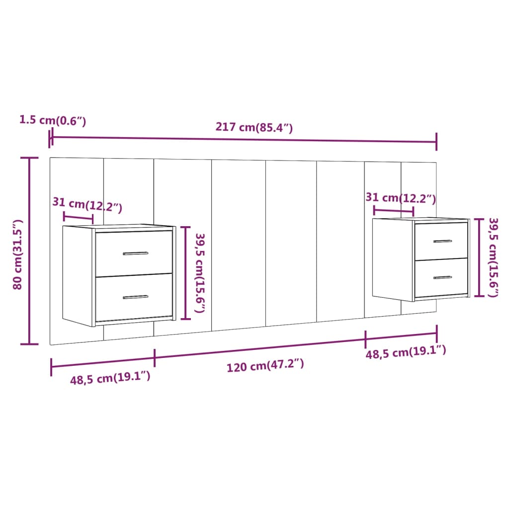 Testiera Letto con Comodini in Legno Multistrato Grigio Cemento