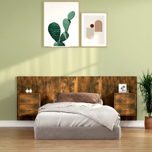 Testiera Letto con Comodini in Legno Multistrato Rovere Fumo - homemem39