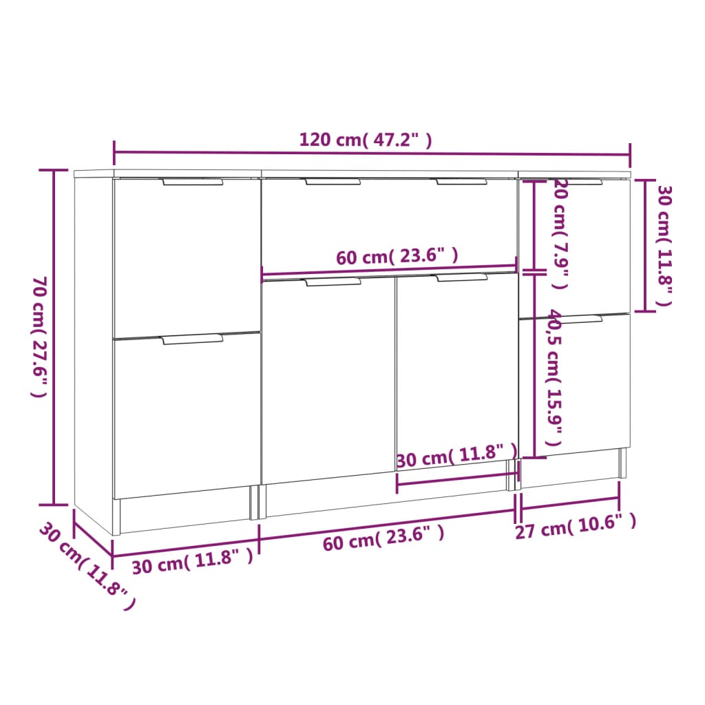 Credenze 3 pz Rovere Sonoma in Legno Multistrato
