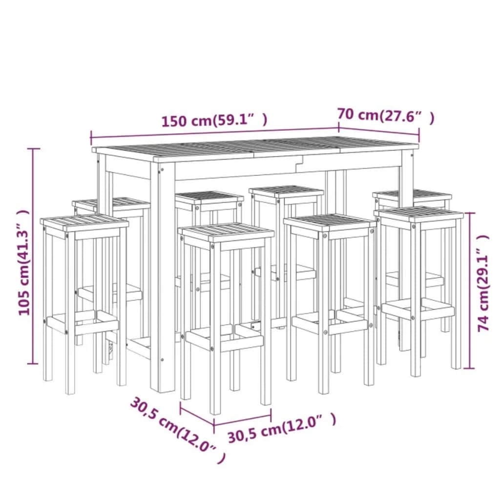 Set da Bar per Giardino 9 pz in Legno Massello di Acacia | homemem39