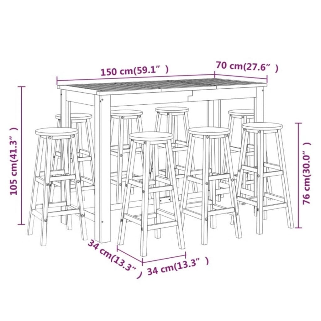 Set da Bar per Giardino 9 pz in Legno Massello di Acacia | homemem39