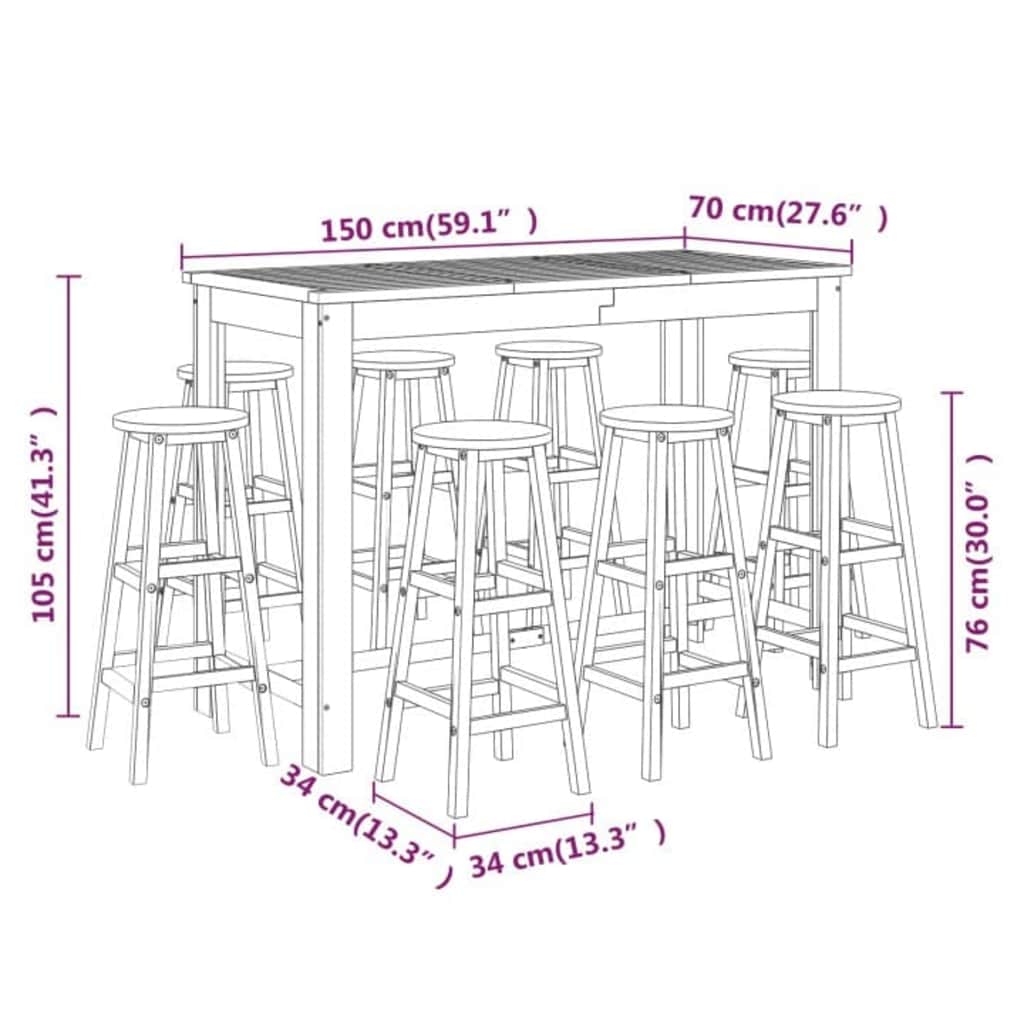 Set da Bar per Giardino 9 pz in Legno Massello di Acacia