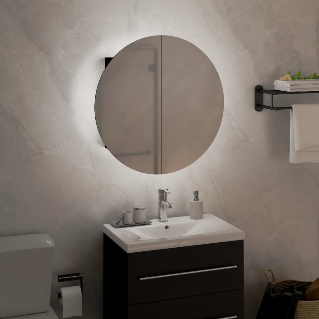 Armadio da Bagno con Specchio Rotondo e LED Nero 40x40x17,5cm | homemem39