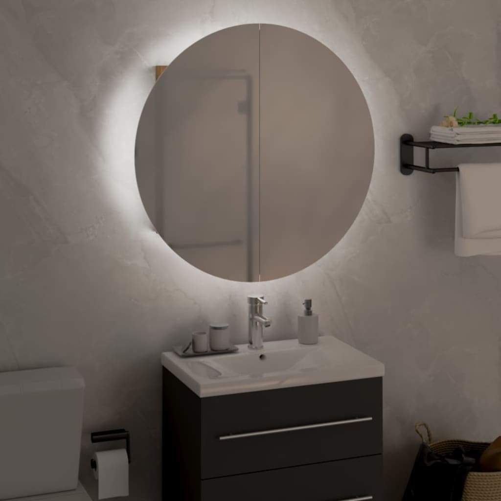 Armadio da Bagno con Specchio Rotondo e LED Rovere 47x47x17,5cm | homemem39