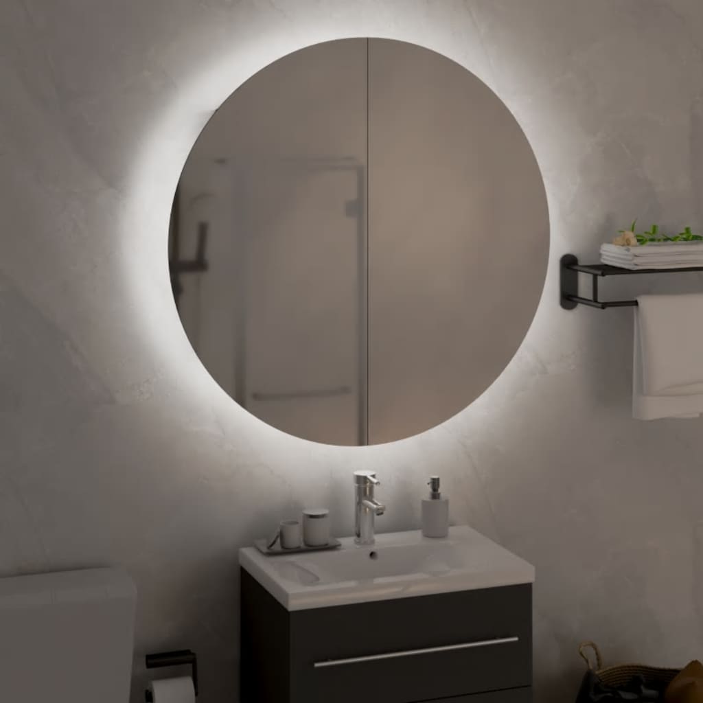Armadio da Bagno con Specchio Rotondo e LED Nero 54x54x17,5 cm | homemem39