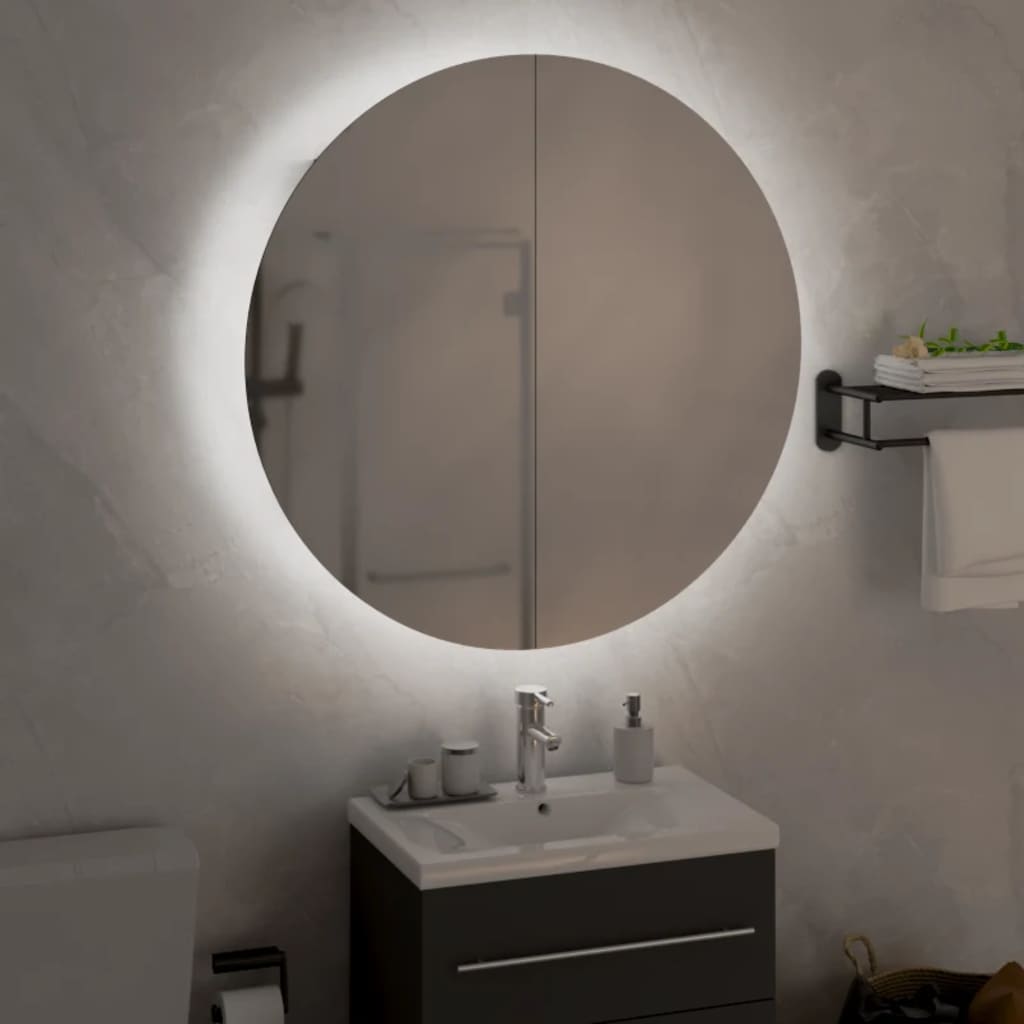 Armadio da Bagno con Specchio Rotondo e LED Grigio 54x54x17,5cm | homemem39