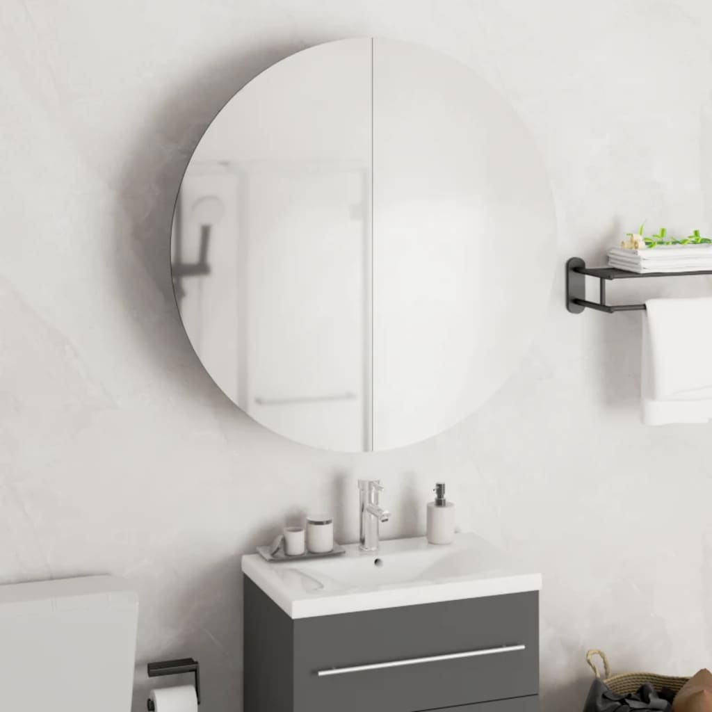 Armadio da Bagno con Specchio Rotondo e LED Grigio 54x54x17,5cm | homemem39