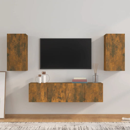 Set di Mobili Porta TV 4 pz Rovere Fumo in Legno Multistrato - homemem39