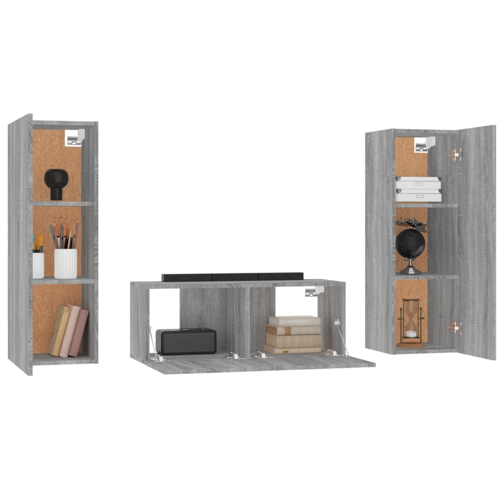 Set Mobili Porta TV 3 pz Grigio Sonoma in Legno Multistrato - homemem39