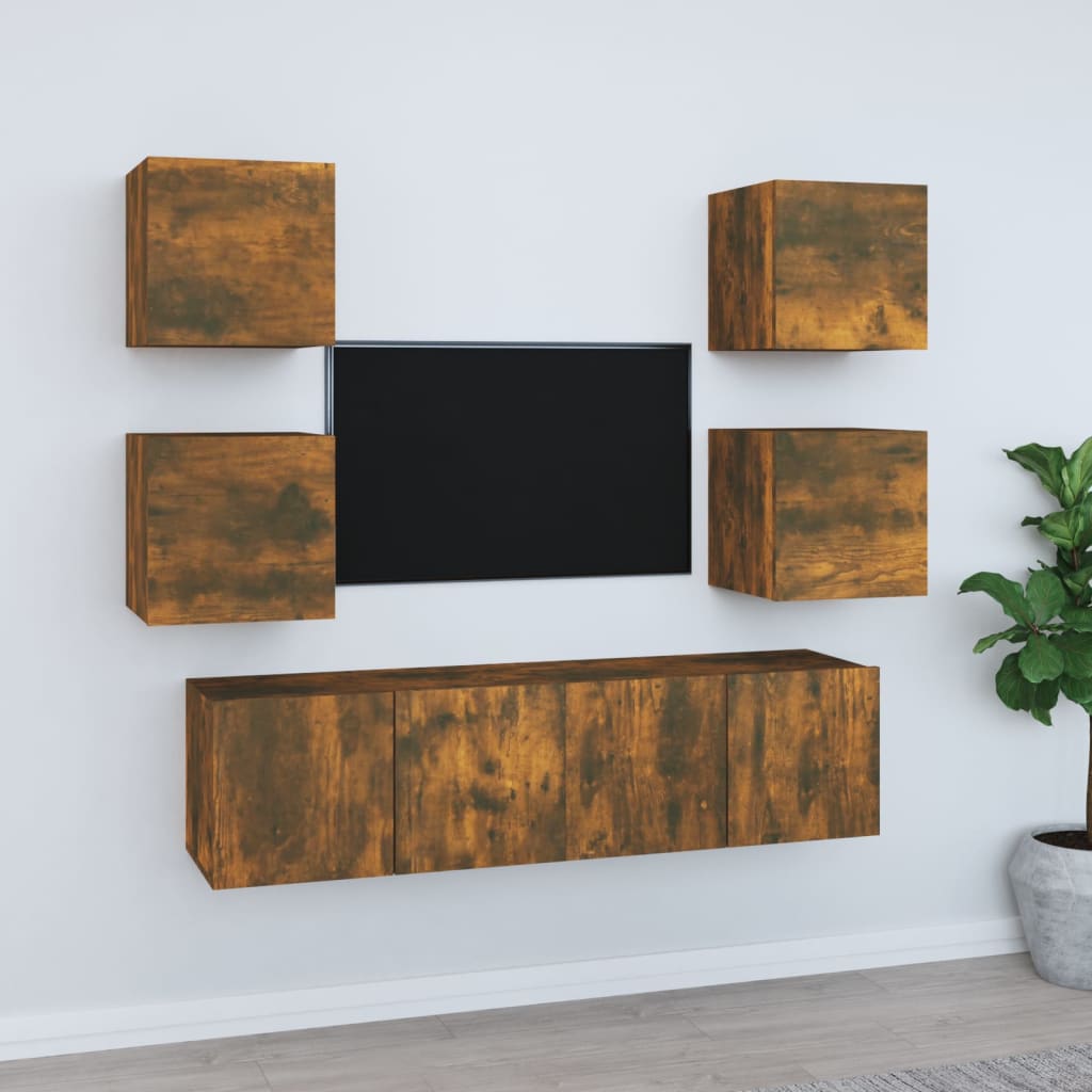 Set di Mobili Porta TV 6 pz Rovere Fumo in Legno Multistrato | homemem39