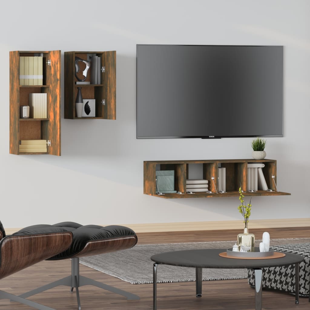 Set di Mobili Porta TV 4 pz Rovere Fumo in Legno Multistrato | homemem39