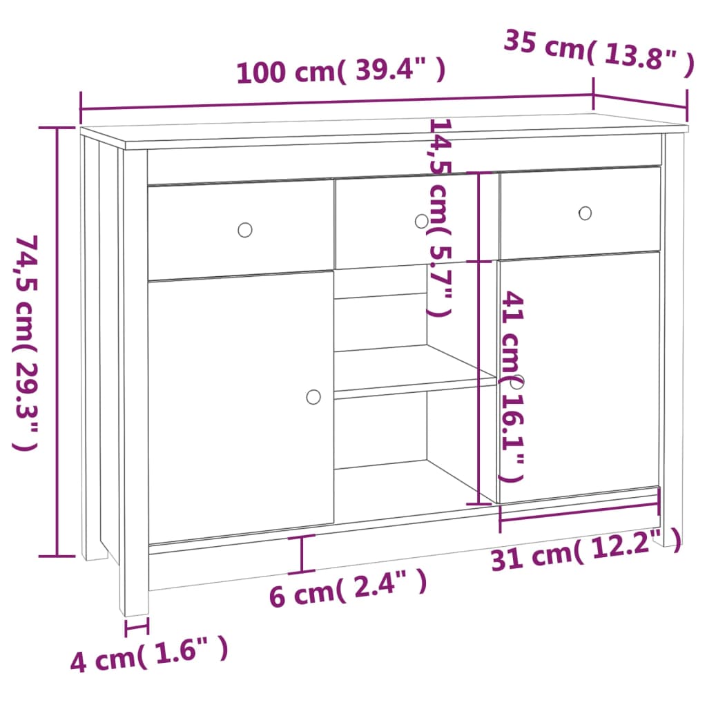 Credenza Nera 100x35x74,5 cm in Legno Massello di Pino - homemem39
