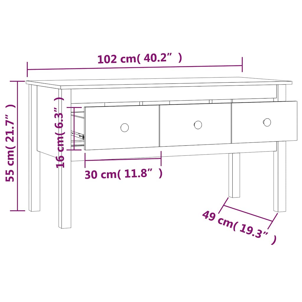 Tavolino da Salotto ambra 102x49x55cm in Legno Massello di Pino