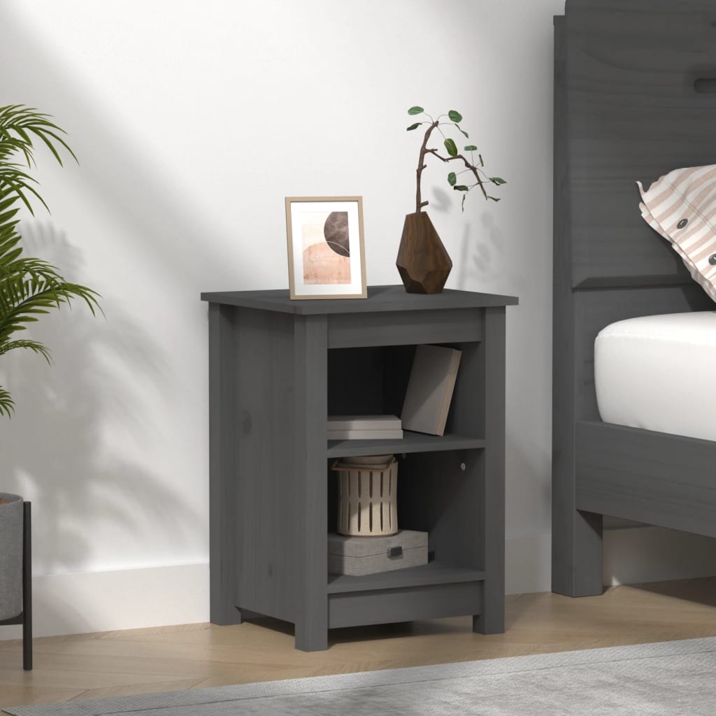 Comodino Grigio 40x35x55 cm in Legno Massello di Pino - homemem39