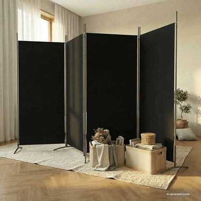 Divisorio a 4 Pannelli Nero 346x180 cm in Tessuto