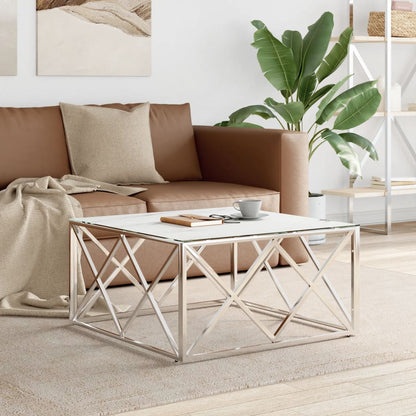 Tavolino da Salotto Argento 80x80x40 cm in Acciaio Inox e Vetro | homemem39