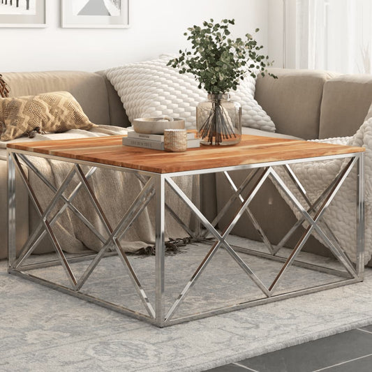 Tavolino Salotto Argento Acciaio Inox e Legno Massello Acacia | homemem39