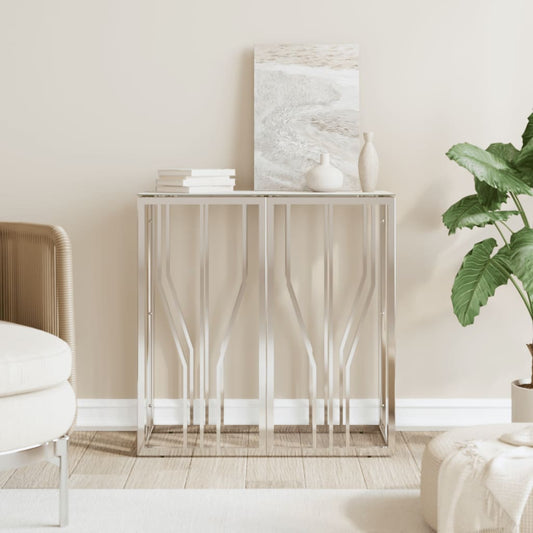 Tavolino Consolle Argento 70x30x70 cm in Acciaio Inox e Vetro | homemem39