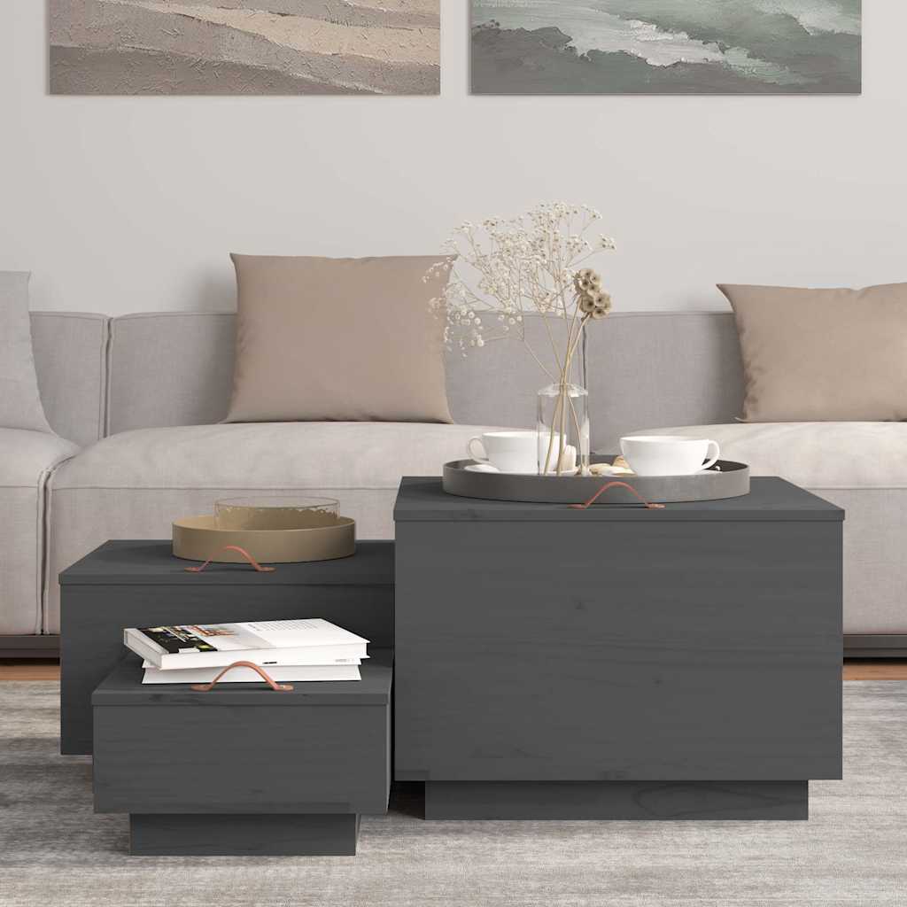 Contenitori Portaoggetti Coperchi 3pz Grigi Legno Massello Pino