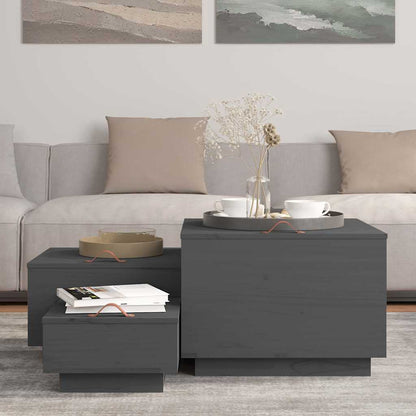Contenitori Portaoggetti Coperchi 3pz Grigi Legno Massello Pino