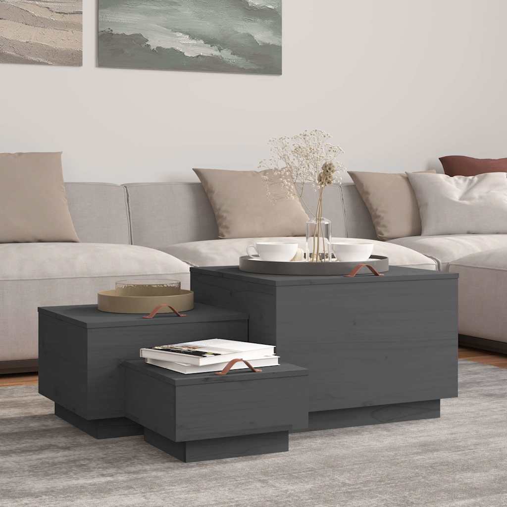 Contenitori Portaoggetti Coperchi 3pz Grigi Legno Massello Pino