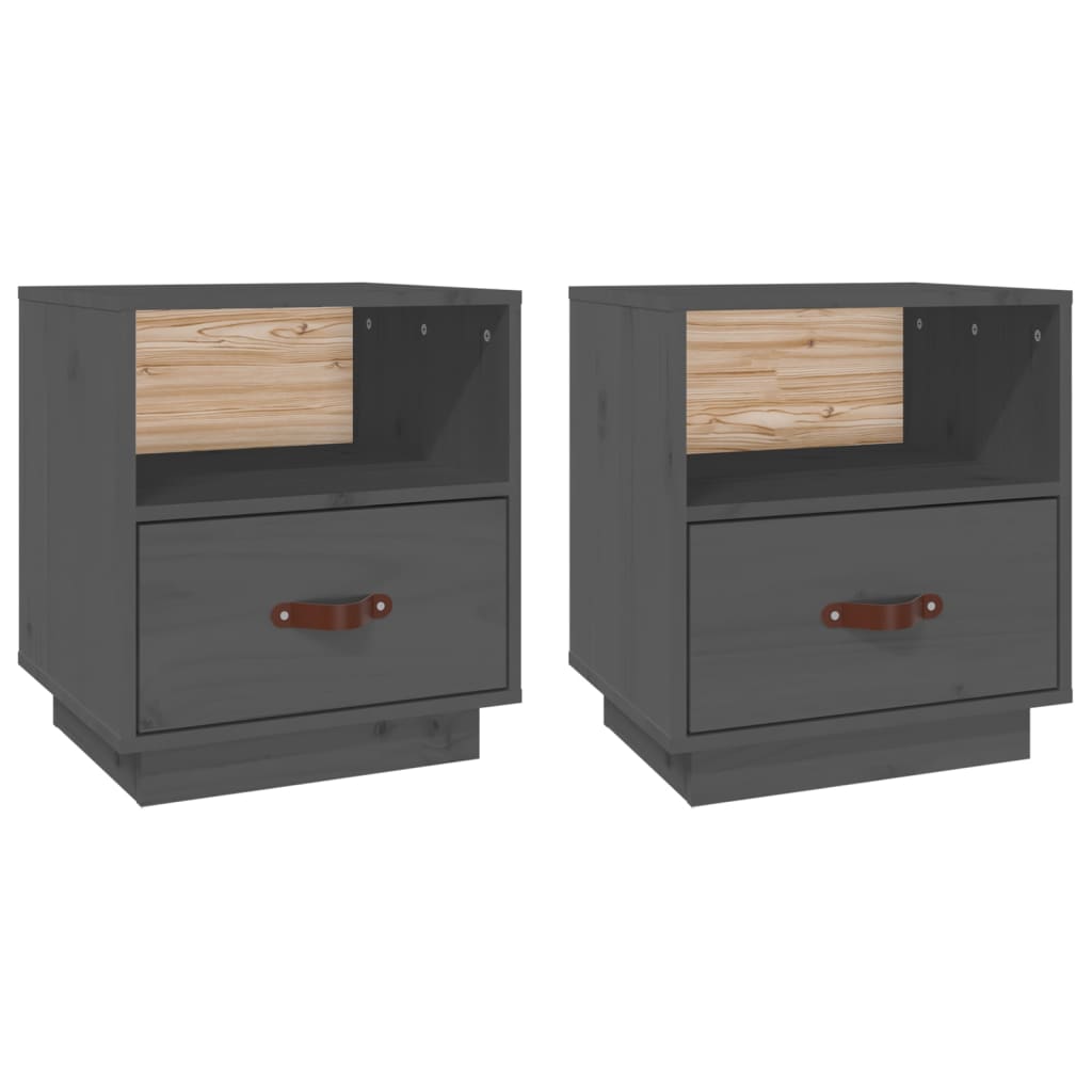 Comodini Grigi 2 pz 40x34x45 cm in Legno Massello di Pino - homemem39