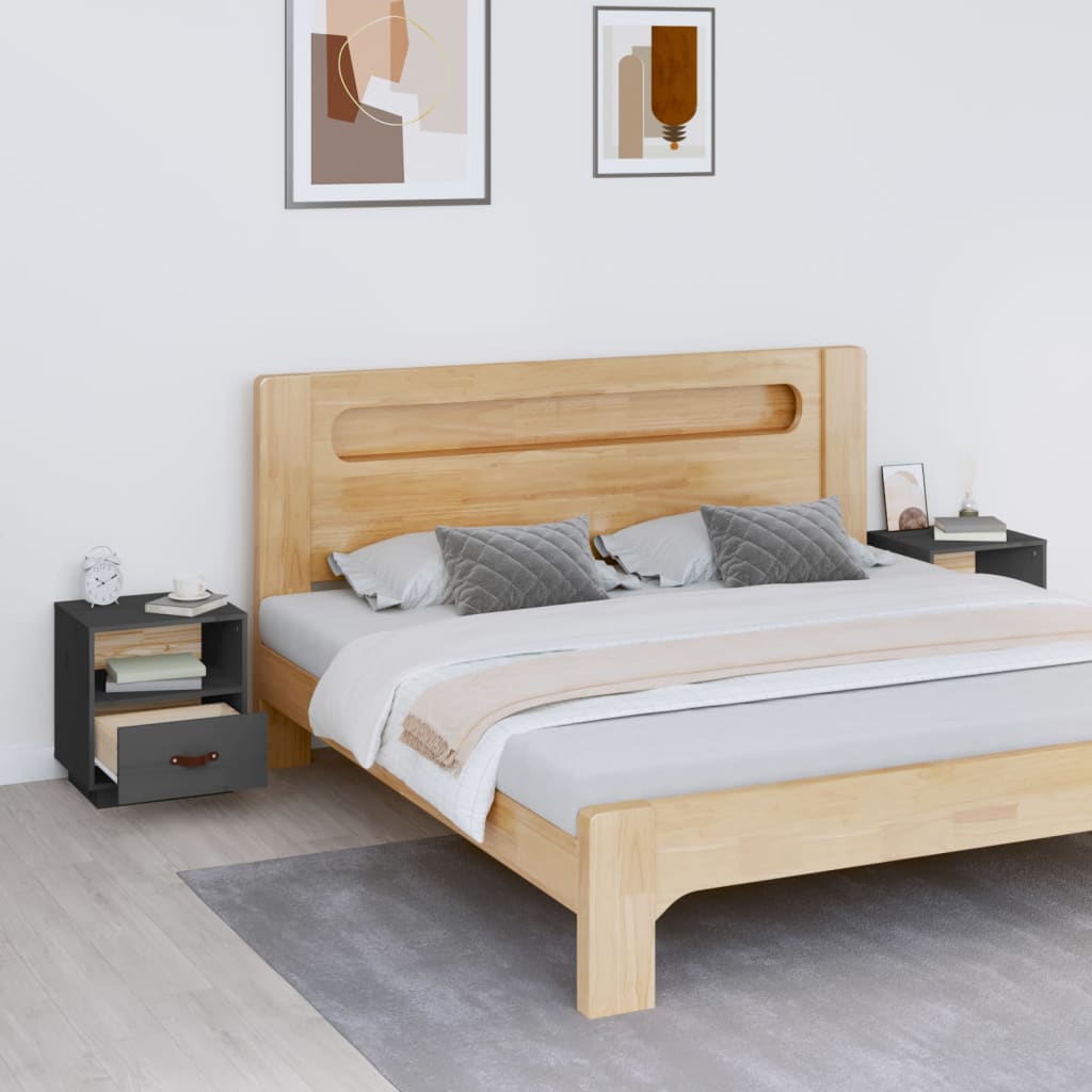 Comodini Grigi 2 pz 40x34x45 cm in Legno Massello di Pino - homemem39