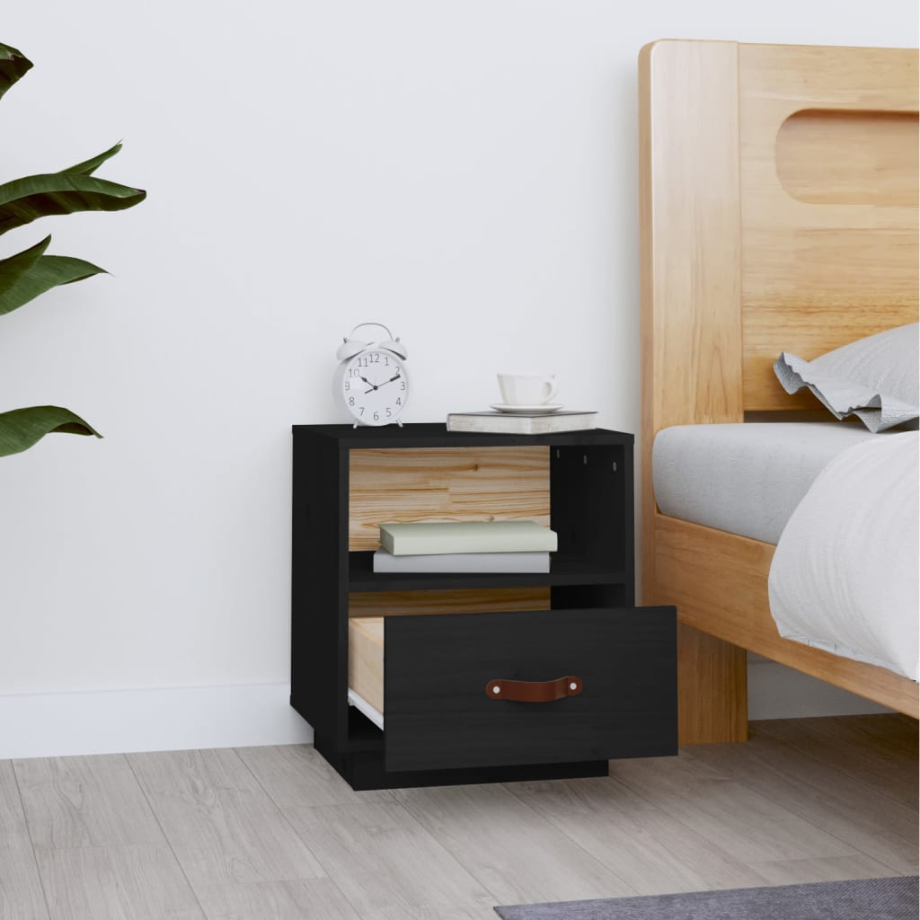 Comodino Nero 40x34x45 cm in Legno Massello di Pino - homemem39
