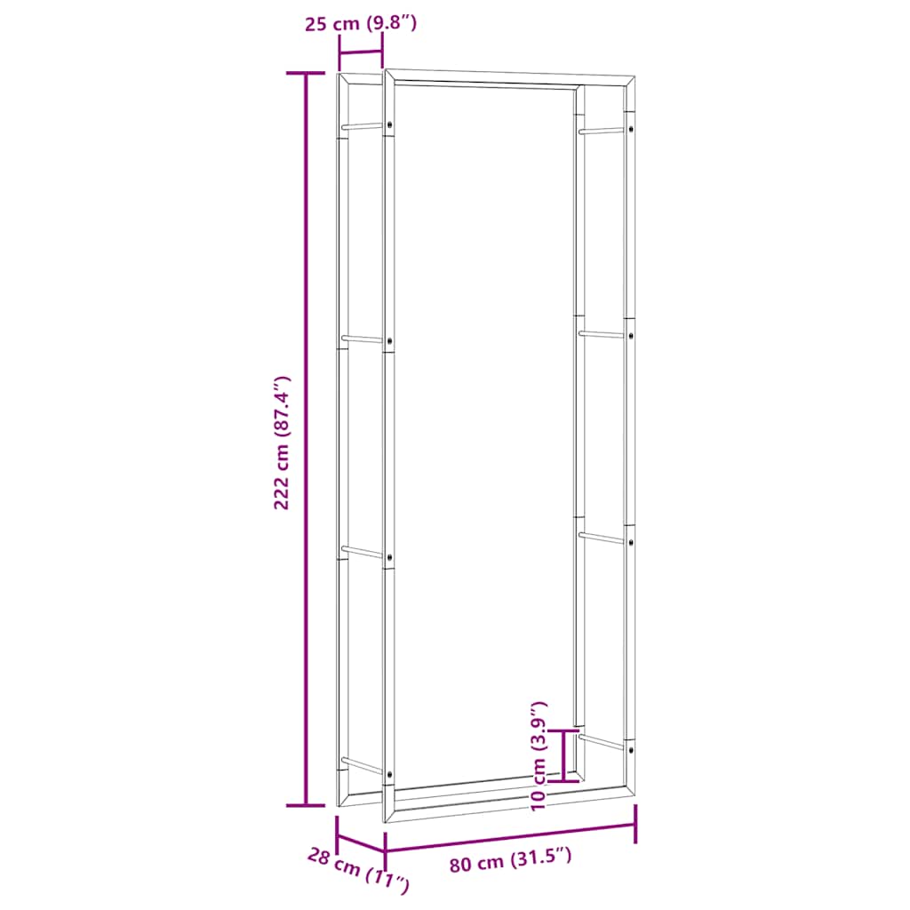 Portalegna Nero Opaco 80x28x222 cm Acciaio