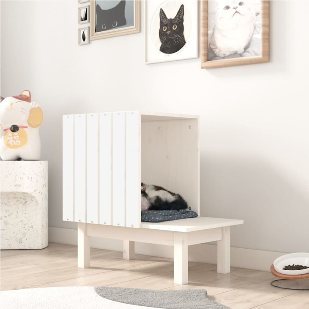 Casetta per Gatti Bianca 60x36x60 cm in Legno Massello di Pino - homemem39
