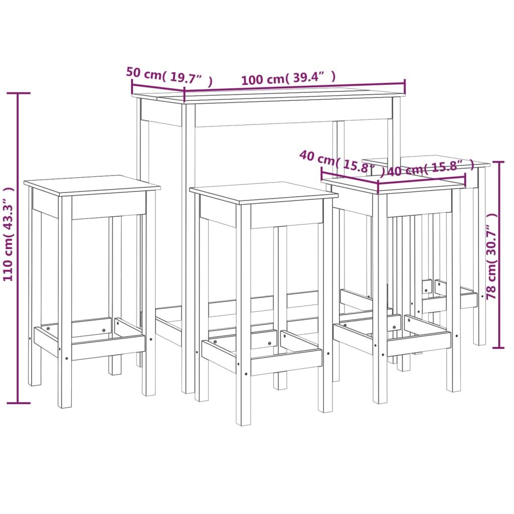 Set da Bar 5 pz Nero in Legno Massello di Pino - homemem39
