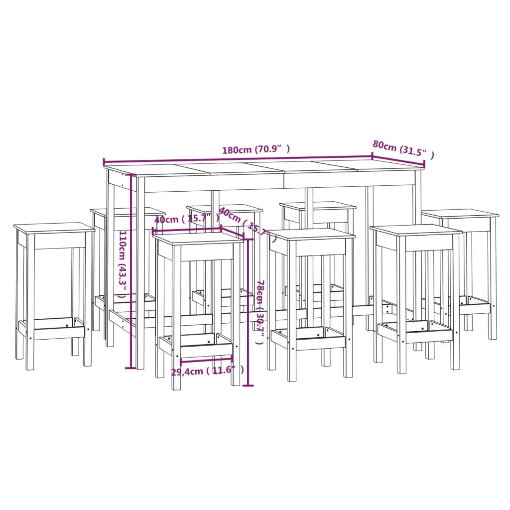 Set da Bar 9 pz in Legno Massello di Pino - homemem39