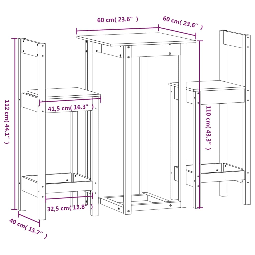 Set da Bar 3 pz Bianco in Legno Massello di Pino