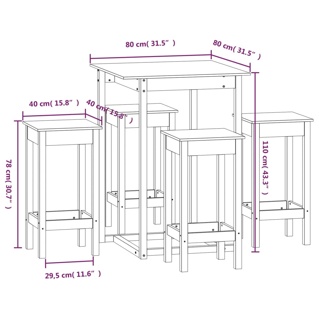 Set da Bar 5 pz Bianco in Legno Massello di Pino