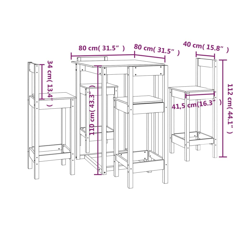 Set da Bar 5 pz Bianco in Legno Massello di Pino