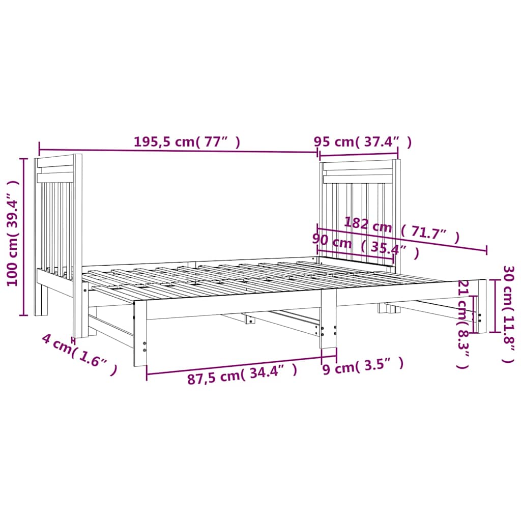 Dormeuse Estraibile 2x(90x190) cm Legno Massello di Pino