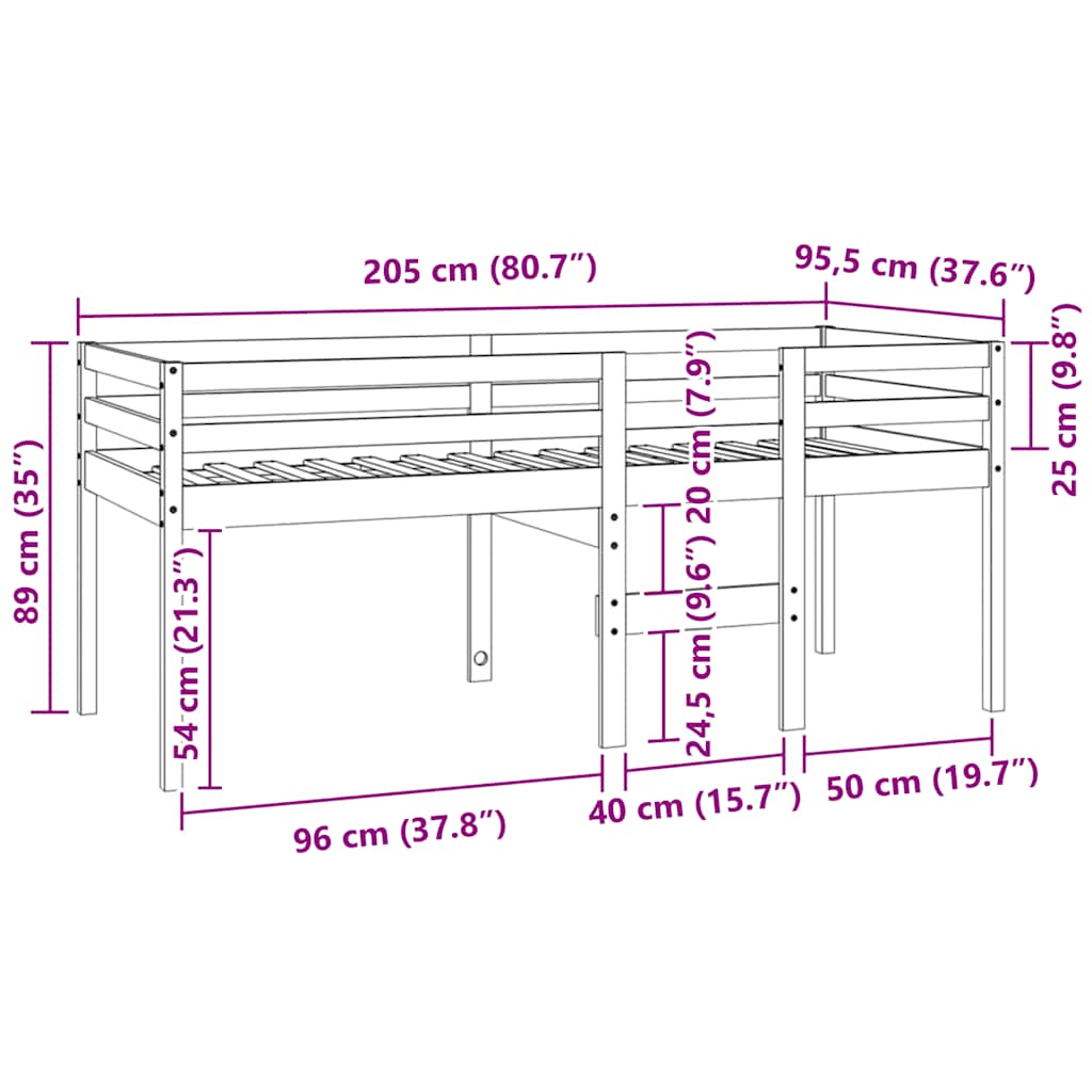 Letto a Soppalco 90x200 cm in Legno Massello di Pino | homemem39