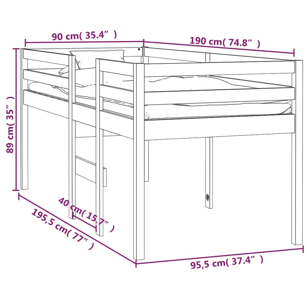 Letto a Soppalco Bianco 90x190 cm in Legno Massello di Pino | homemem39