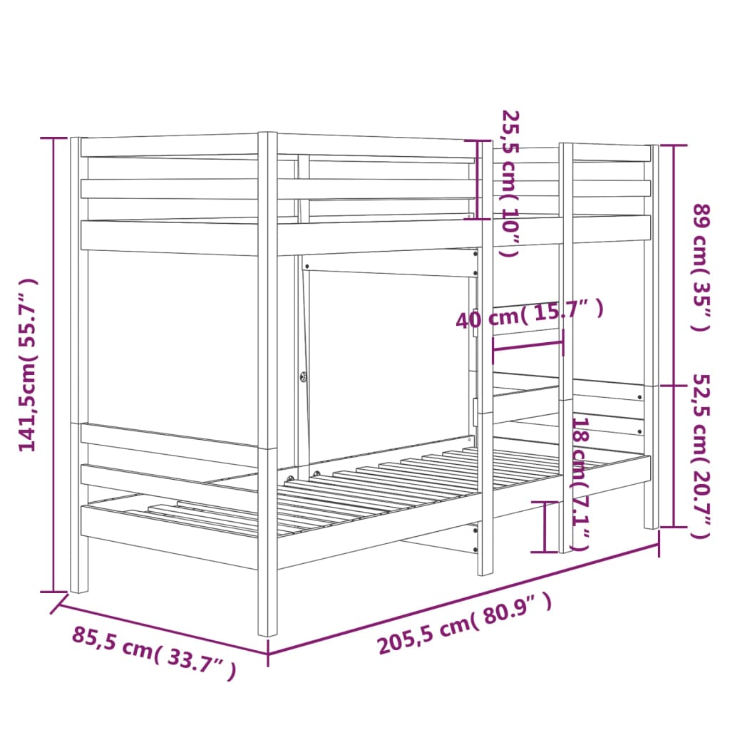 Letto a Castello Bianco 80x200 cm in Legno Massello di Pino | homemem39