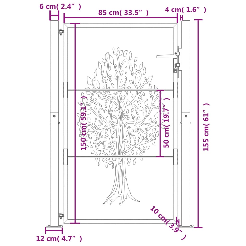 Cancello da giardino antracite 100x150 cm in acciaio con design ad albero | homemem39