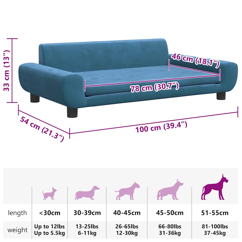 Lettino per Cani Blu 100x54x33 cm in Velluto | homemem39